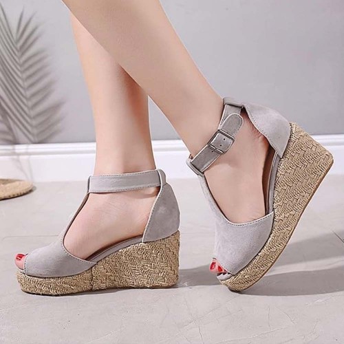 Women Fashion Buckle Up Peep ToeWedge Heel Sandals - Grey image