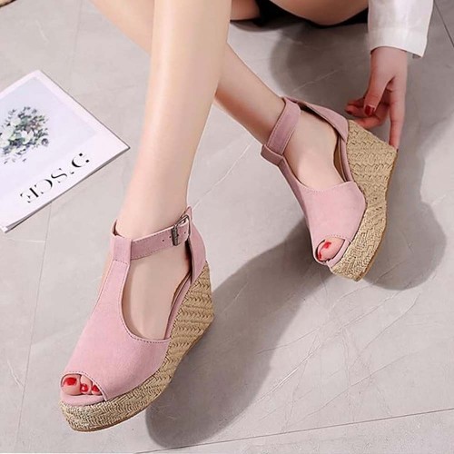 Women Fashion Buckle Up Peep Toe Wedge Heel Sandals - Pink image