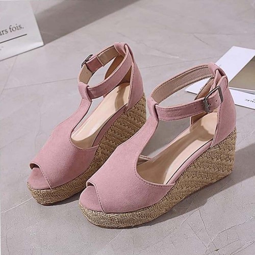 Women Fashion Buckle Up Peep Toe Wedge Heel Sandals - Pink image