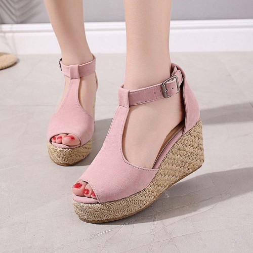 Women Fashion Buckle Up Peep Toe Wedge Heel Sandals - Pink image