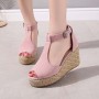 Women Fashion Buckle Up Peep Toe Wedge Heel Sandals - Pink