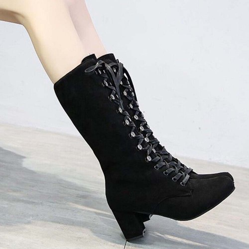 Lace Up Suede Long Mid Calf Knight Boot - Black image