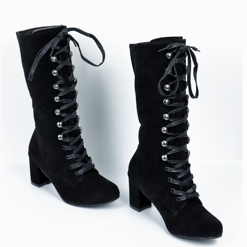 Lace Up Suede Long Mid Calf Knight Boot - Black image