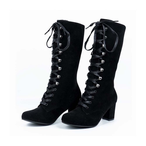 Lace Up Suede Long Mid Calf Knight Boot - Black image