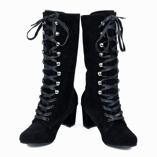 Lace Up Suede Long Mid Calf Knight Boot - Black image