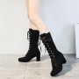 Lace Up Suede Long Mid Calf Knight Boot - Black