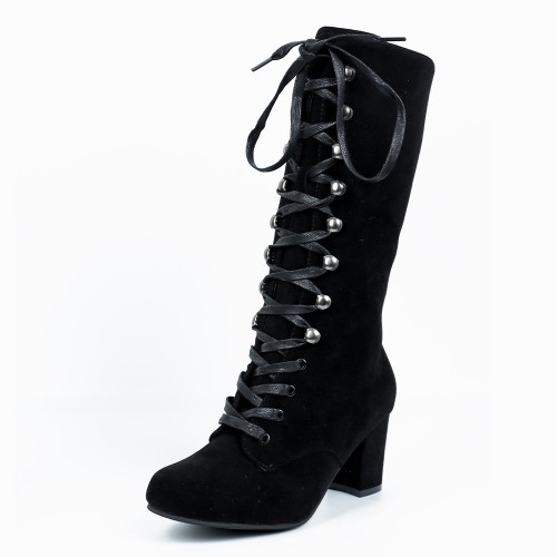 Lace Up Suede Long Mid Calf Knight Boot - Black image
