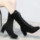 Lace Up Suede Long Mid Calf Knight Boot - Black image