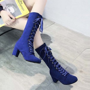 Lace Up Suede Long Mid Calf Knight Boot - Blue