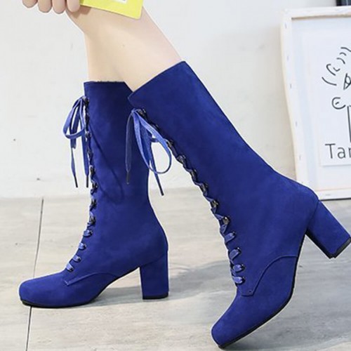 Lace Up Suede Long Mid Calf Knight Boot - Blue image
