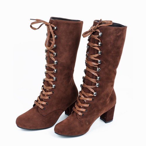 Lace Up Suede Long Mid Calf Knight Boot - Brown image