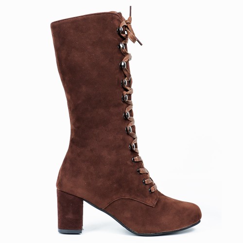 Lace Up Suede Long Mid Calf Knight Boot - Brown image