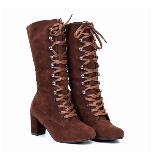 Lace Up Suede Long Mid Calf Knight Boot - Brown image