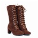 Lace Up Suede Long Mid Calf Knight Boot - Brown image