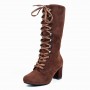 Lace Up Suede Long Mid Calf Knight Boot - Brown