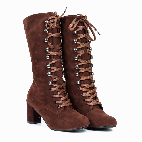 Lace Up Suede Long Mid Calf Knight Boot - Brown image