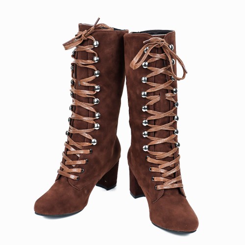 Lace Up Suede Long Mid Calf Knight Boot - Brown image