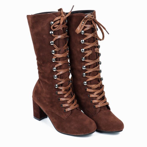 Lace Up Suede Long Mid Calf Knight Boot - Brown image