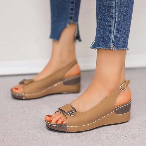 Peep Toe Ankle Buckle Hem Lock Fish Mouth Breathable Wedge Sandal - Brown image