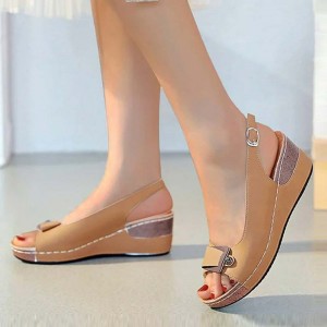 Peep Toe Ankle Buckle Hem Lock Fish Mouth Breathable Wedge Sandal - Brown
