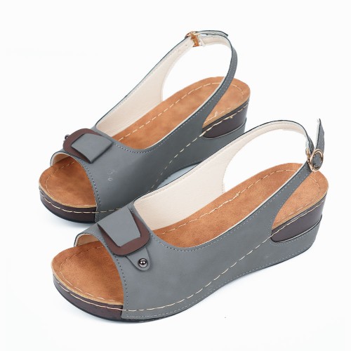 Peep Toe Ankle Buckle Fish Mouth Breathable Wedge Sandal - Grey image