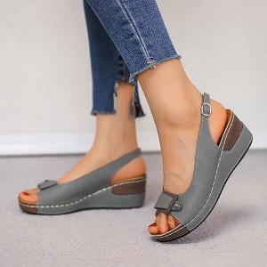Peep Toe Ankle Buckle Fish Mouth Breathable Wedge Sandal - Grey