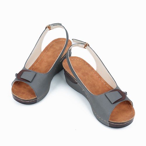 Peep Toe Ankle Buckle Fish Mouth Breathable Wedge Sandal - Grey image