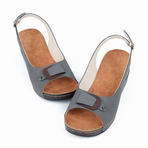 Peep Toe Ankle Buckle Fish Mouth Breathable Wedge Sandal - Grey image