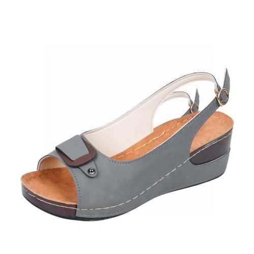 Peep Toe Ankle Buckle Fish Mouth Breathable Wedge Sandal - Grey image