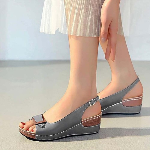 Peep Toe Ankle Buckle Fish Mouth Breathable Wedge Sandal - Grey image