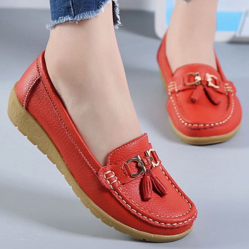 Fashionable Round Toe Soft Rubber Sole Flat Shoes - Red image