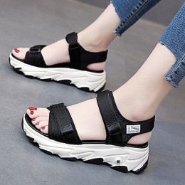 Women Casual Strap Sporty Magic Cushion Wedge Heel Sandal - Black