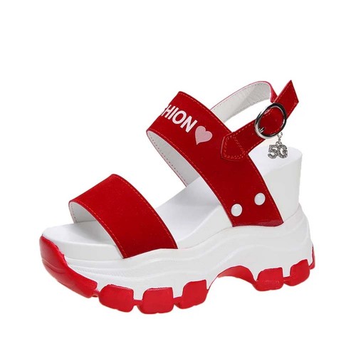 Women Fashion Open Toe Buckle High Heel Chunky Sandal - Red image