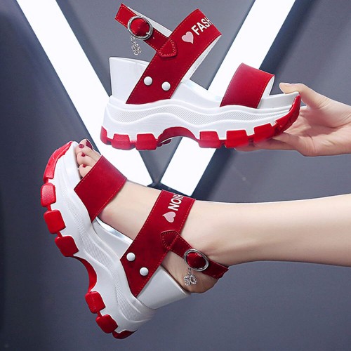 Women Fashion Open Toe Buckle High Heel Chunky Sandal - Red image