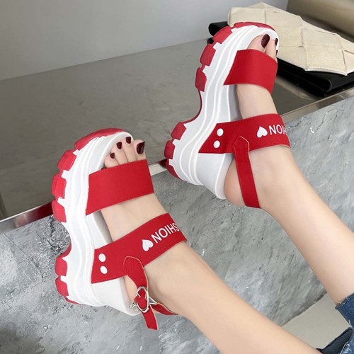 Women Fashion Open Toe Buckle High Heel Chunky Sandal - Red image