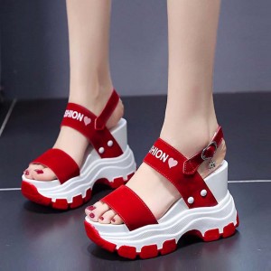 Women Fashion Open Toe Buckle High Heel Chunky Sandal - Red