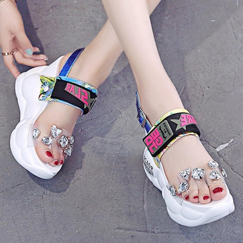 Thick Bottom Transparent Crystal Belt Buckle Sandal - White image