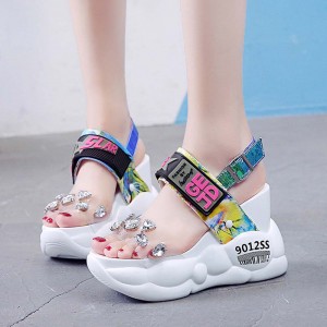 Thick Bottom Transparent Crystal Belt Buckle Sandal - White