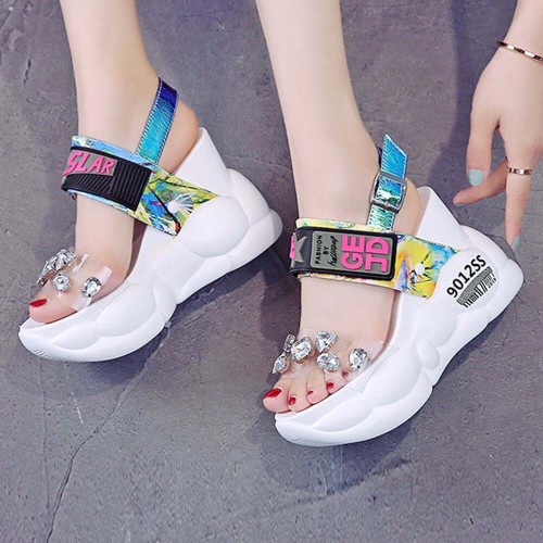 Thick Bottom Transparent Crystal Belt Buckle Sandal - White image