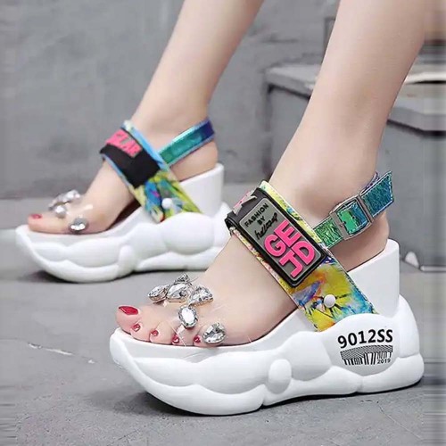 Thick Bottom Transparent Crystal Belt Buckle Sandal - White image
