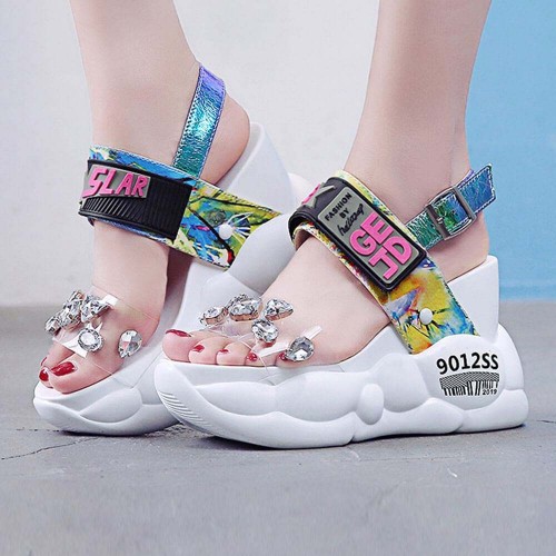 Thick Bottom Transparent Crystal Belt Buckle Sandal - White image