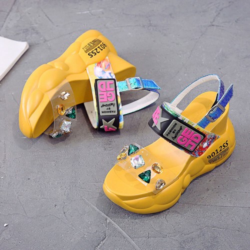 Thick Bottom Transparent Crystal Belt Buckle Sandal - Yellow image
