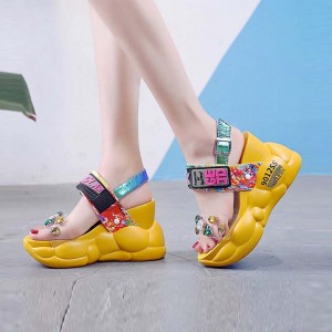 Thick Bottom Transparent Crystal Belt Buckle Sandal - Yellow