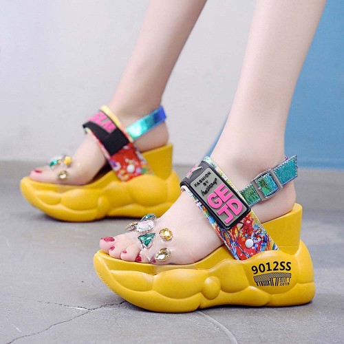 Thick Bottom Transparent Crystal Belt Buckle Sandal - Yellow image