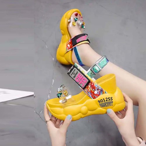Thick Bottom Transparent Crystal Belt Buckle Sandal - Yellow image