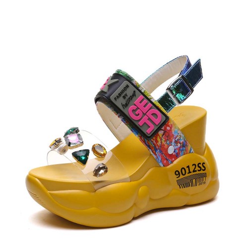 Thick Bottom Transparent Crystal Belt Buckle Sandal - Yellow image