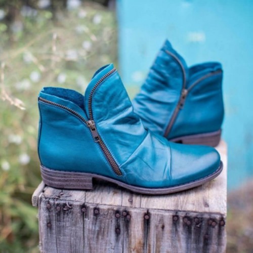 New Trendy Zipper Fold Low Heel Women Boot - Blue image