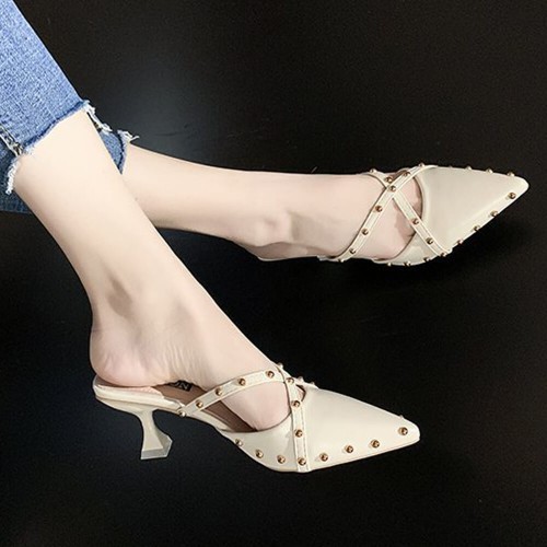 French Fashion Revert Pointed Mid Stiletto Heel Shoes - Beige image