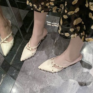 French Fashion Revert Pointed Mid Stiletto Heel Shoes - Beige