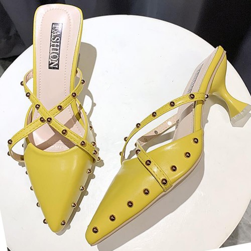 French Fashion Revert Pointed Mid Stiletto Heel Shoes - Yellow image